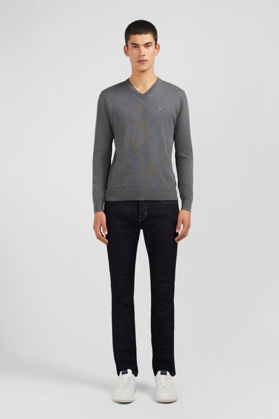 Eden Park Grey V-Neck Cotton Jersey Jumper | Sweaters