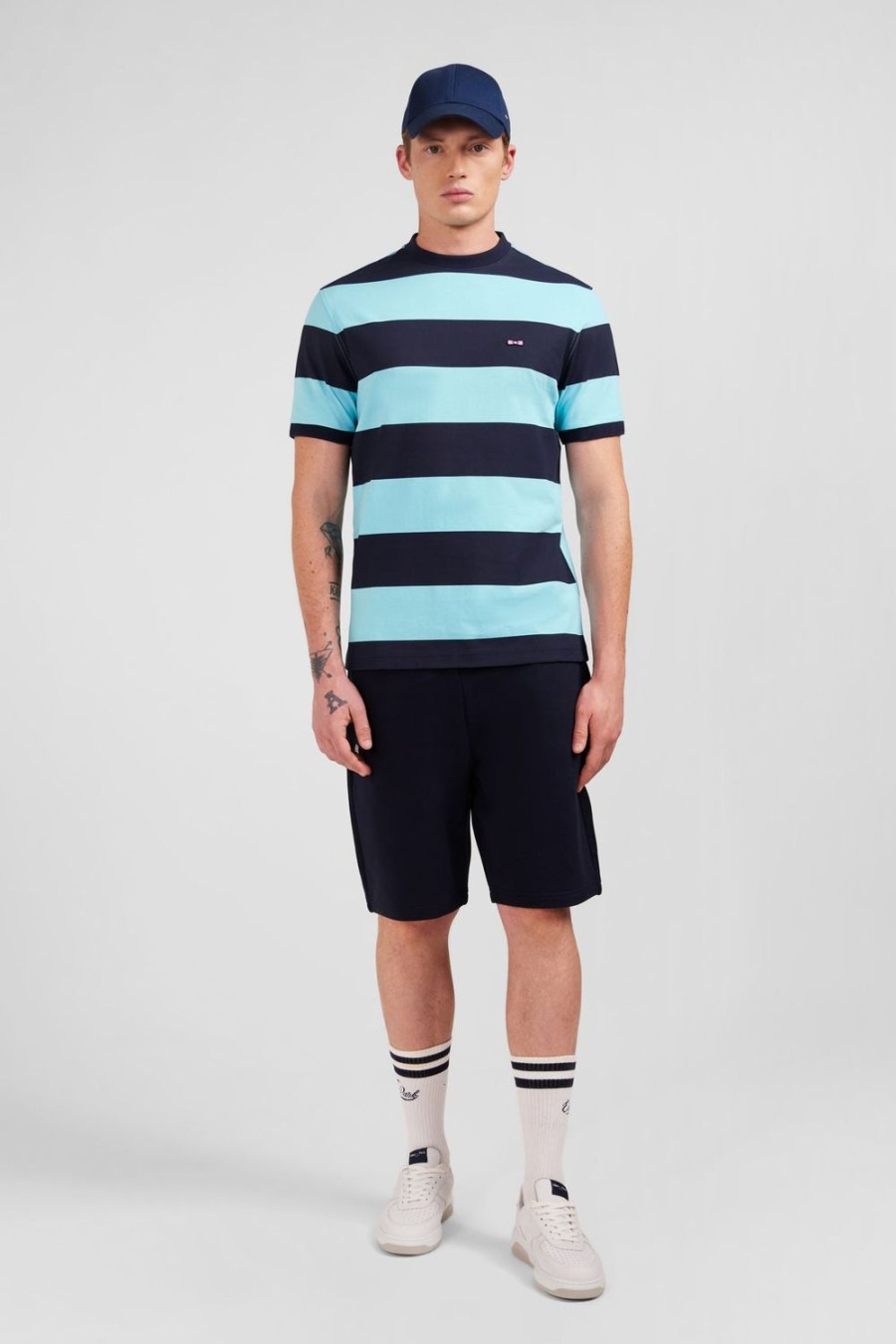 Eden Park Short-Sleeved Navy And Turquoise Cotton T-Shirt With Ribbon Trim | T-Shirts