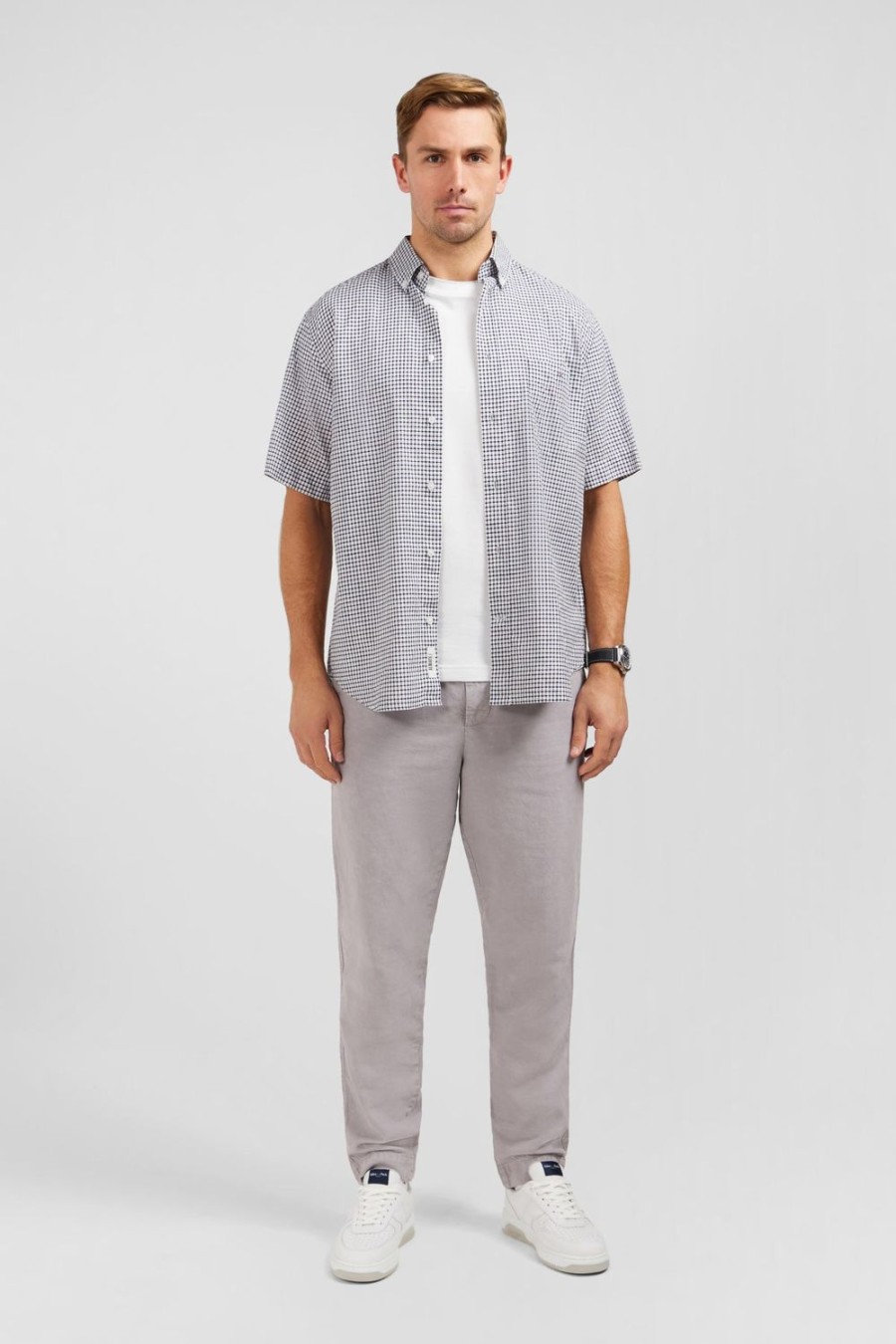 Eden Park Dark Blue Cotton Dobby Checked Shirt | Short-Sleeved Shirts