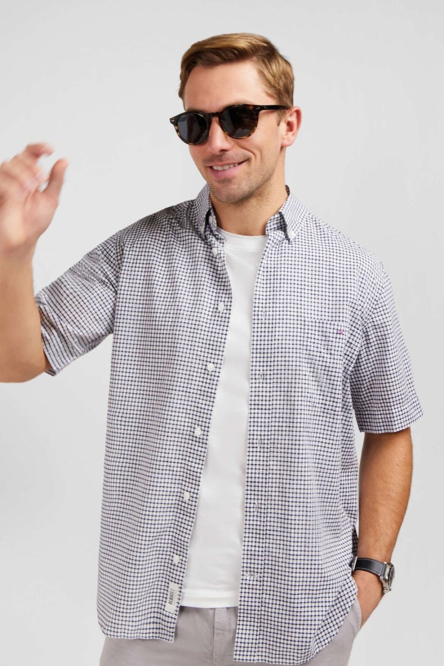 Eden Park Dark Blue Cotton Dobby Checked Shirt | Short-Sleeved Shirts