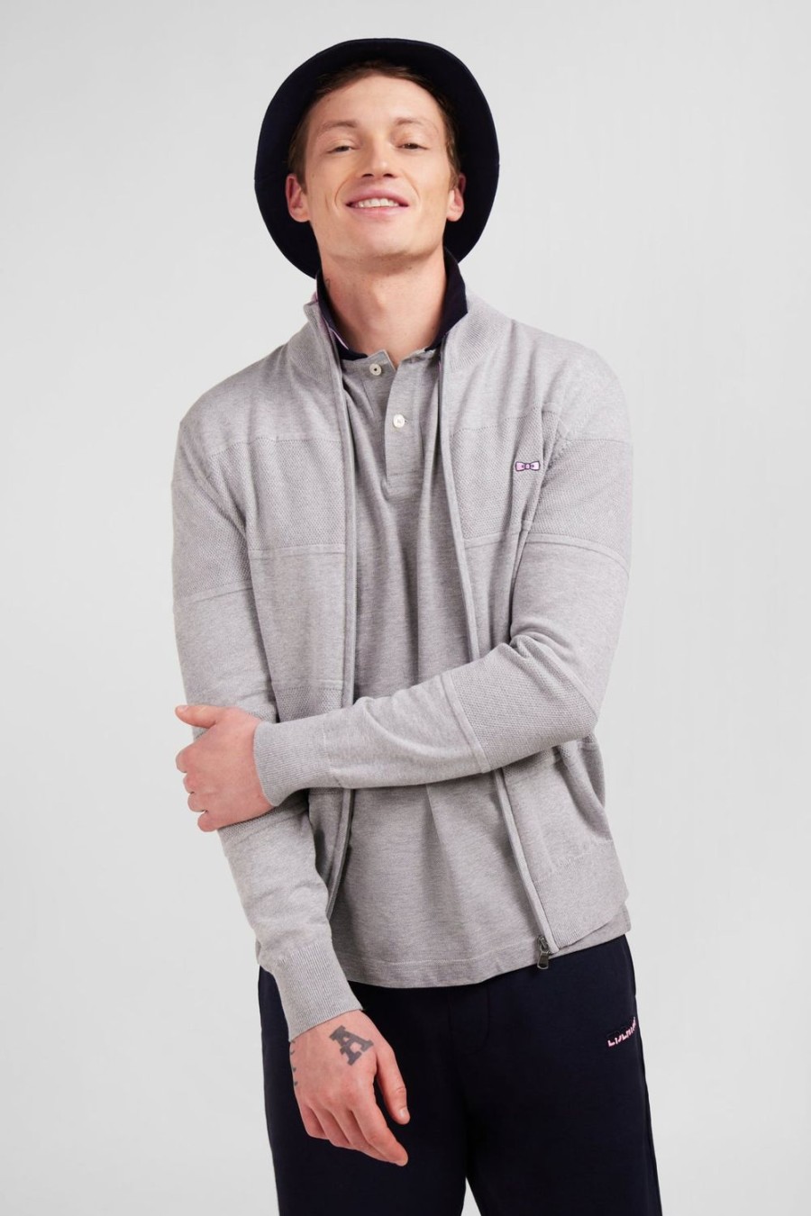 Eden Park Grey Zip Cardigan In Combination Knit | Cardigans