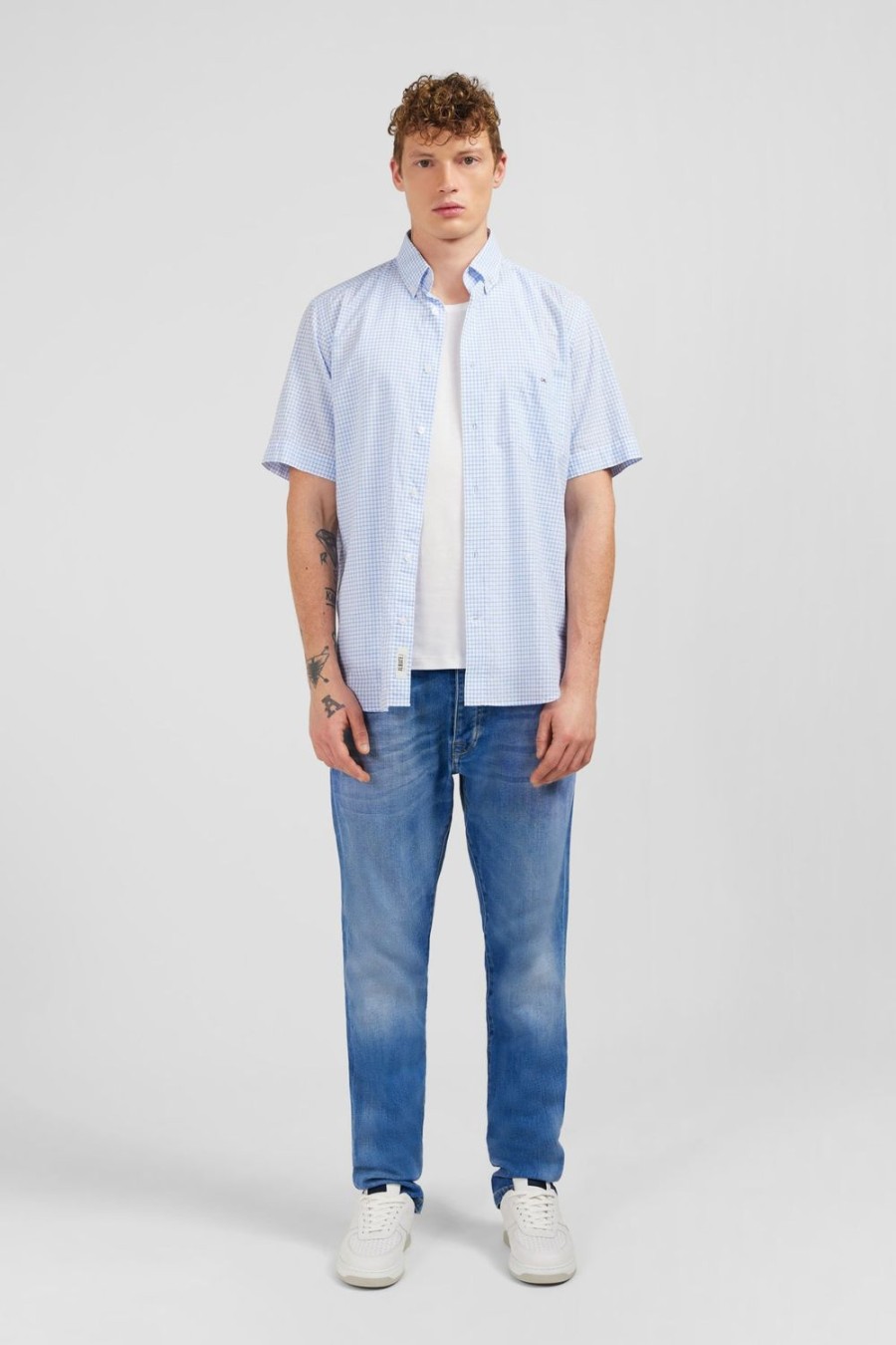 Eden Park Blue Checked Cotton Dobby Shirt | Short-Sleeved Shirts