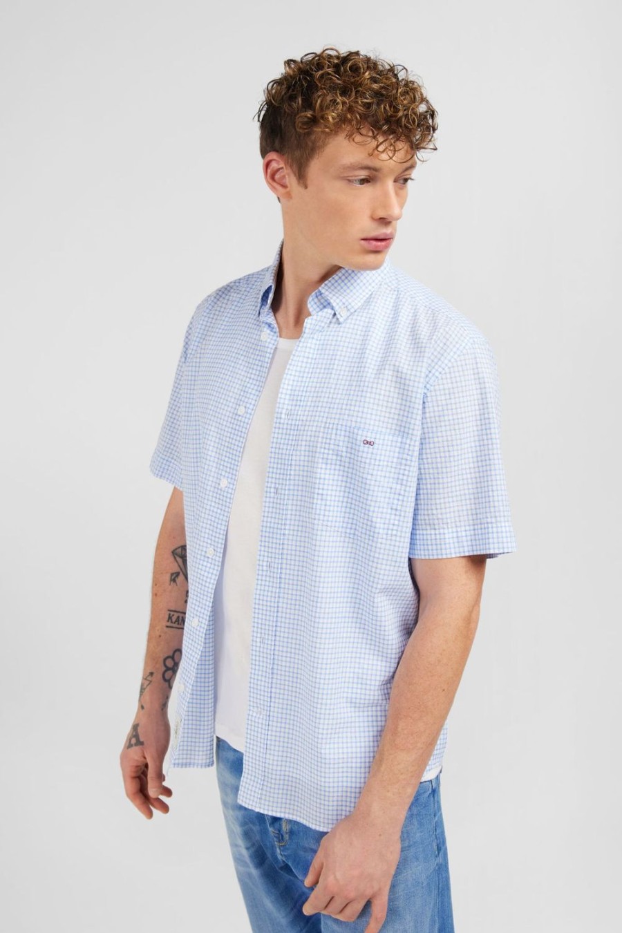 Eden Park Blue Checked Cotton Dobby Shirt | Short-Sleeved Shirts